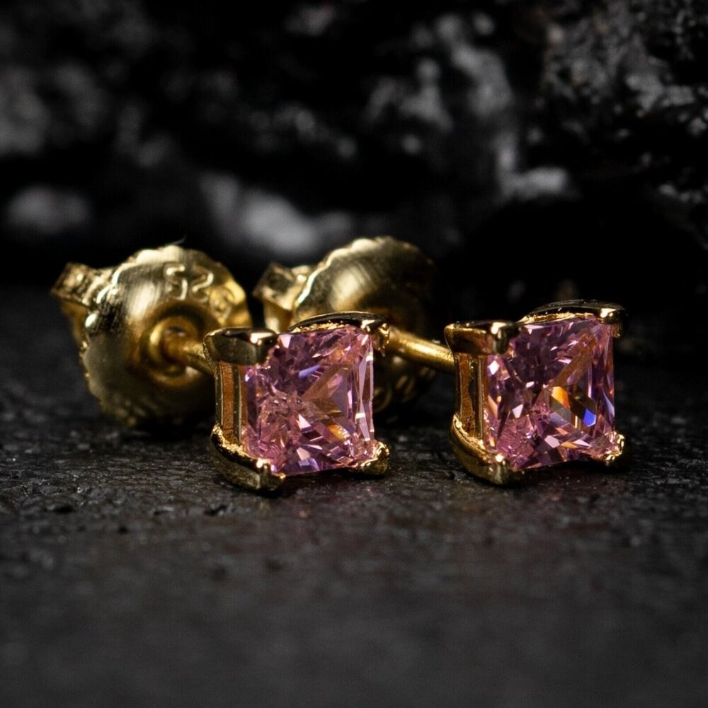 Cute Small Women's Gold Plated Hot Pink CZ Princess Cut Screw back Earrings